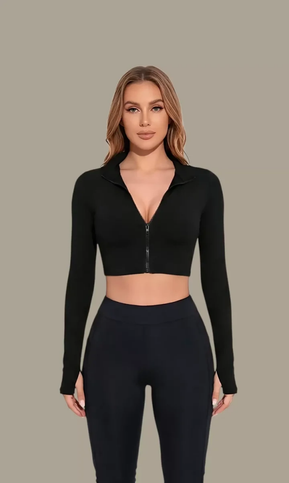 Kadın Siyah Uzun Kol Fermuarlı Parmak Geçme Detaylı Dik Yaka Crop Top Bluz