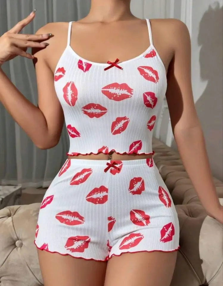Morliva Kadın Beyaz Dudak Desenli Seksi Gecelik Takım 5021