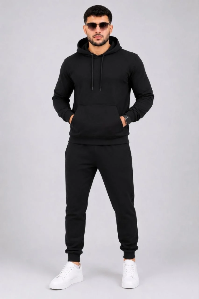 Erkek İki İplik Kapüşonlu Kanguru Cepli Sweatshirt Jogger Pantolon Alt Üst Eşofman Takımı -Siyah