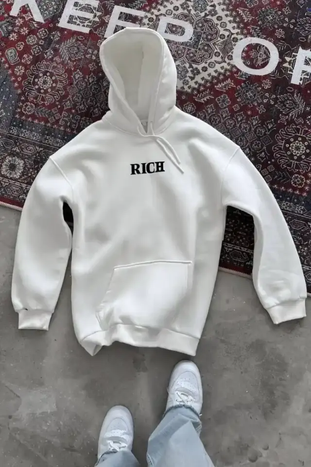Erkek Kapüşonlu Kanguru Cepli Sweatshirt 3 İplik Pamuklu Baskılı Hoodie -  Beyaz