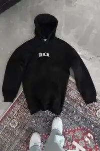 Erkek Kapüşonlu Kanguru Cepli Sweatshirt 3 İplik Pamuklu Baskılı Hoodie -  Siyah