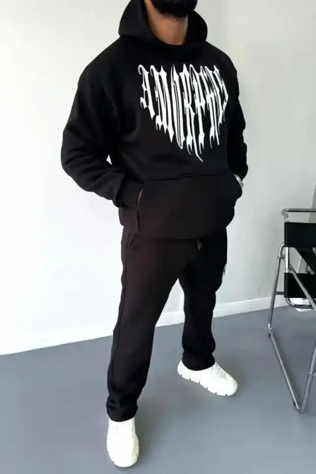 Erkek Kapüşonlu Kanguru Cepli Sweatshirt 3 İplik Pamuklu Baskılı Hoodie -  Siyah