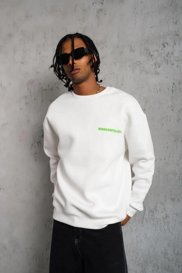 Erkek 3 iplik Bisiklet yaka Baskılı Sweatshirt - Beyaz