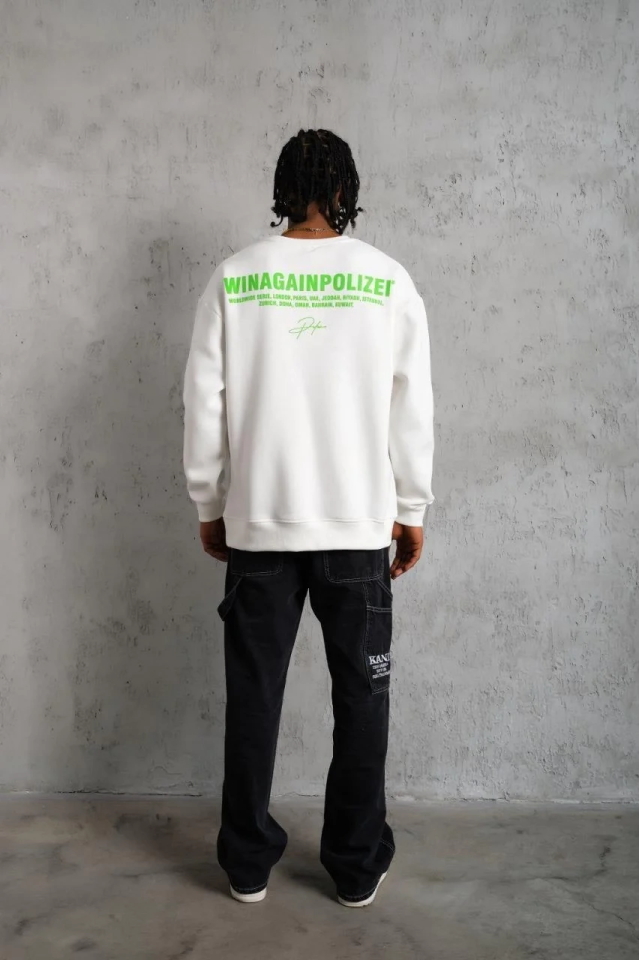 Erkek 3 iplik Bisiklet yaka Baskılı Sweatshirt - Beyaz