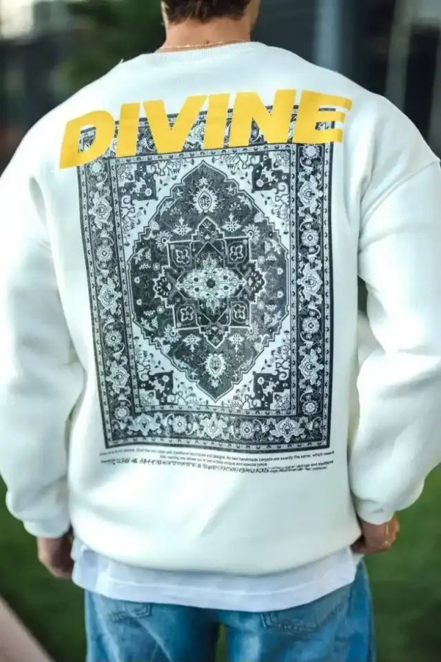 Erkek 3 iplik pamuklu Kışlık Bisiklet Yaka Baskılı SweatShirt - Beyaz