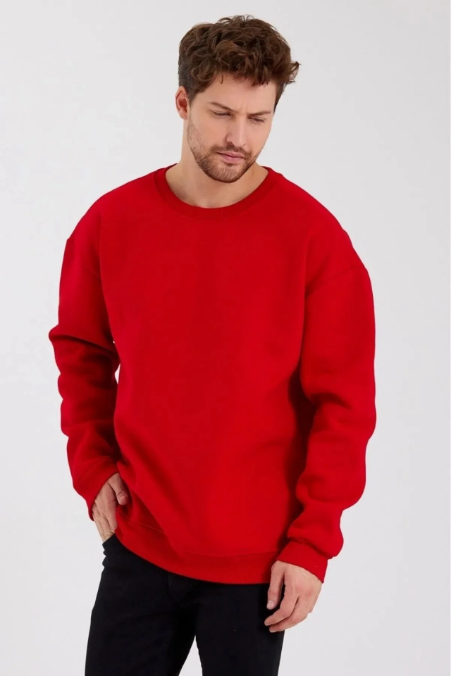 Erkek Bisiklet Yaka  üç iplik Sweatshirt- Kırmızı