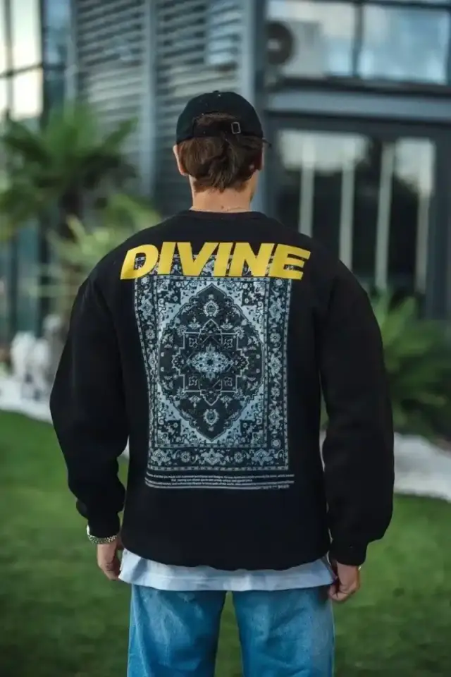 Erkek 3 iplik pamuklu Kışlık Bisiklet Yaka Baskılı SweatShirt - Siyah