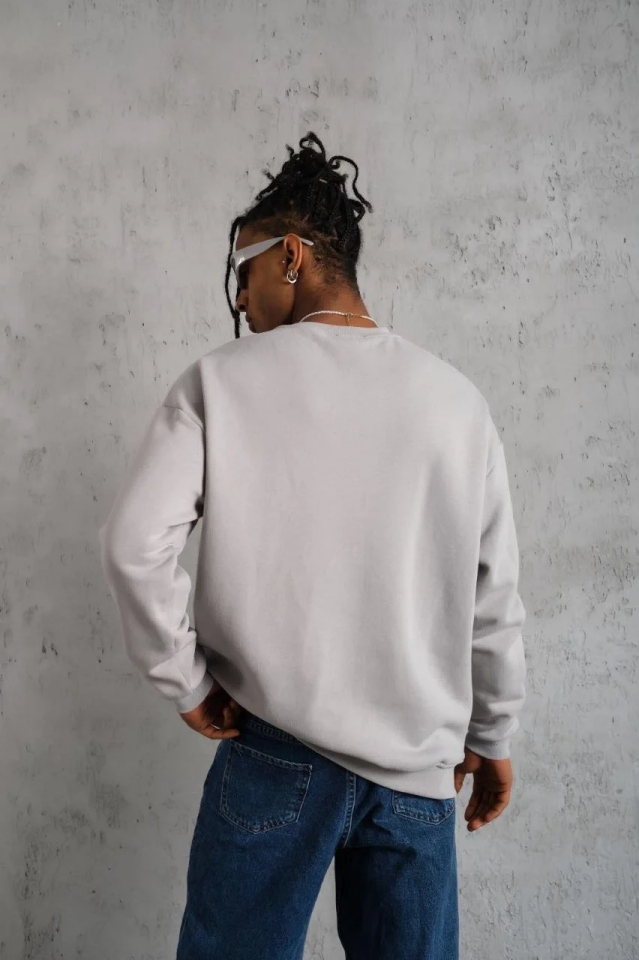 Erkek Düz Bisiklet Yaka 3 iplik Sweatshirt - Boyalı Gri