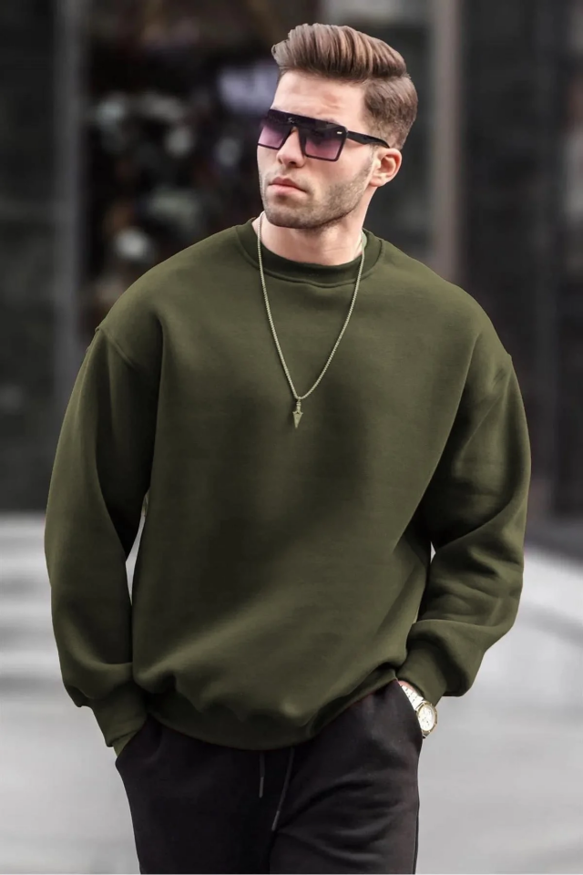 Erkek Düz Bisiklet Yaka 3 İplik  Sweatshirt - Yeşil