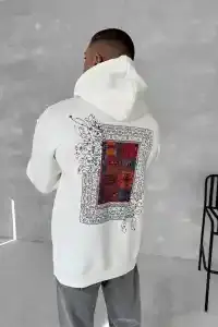 Erkek Kapüşonlu Kanguru Cepli Sweatshirt 3 İplik Pamuklu Baskılı Hoodie - Beyaz