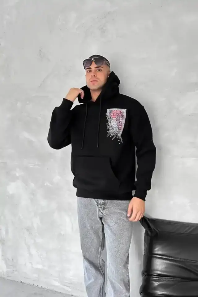 Erkek Kapüşonlu Kanguru Cepli Sweatshirt 3 İplik Pamuklu Baskılı Hoodie - Siyah