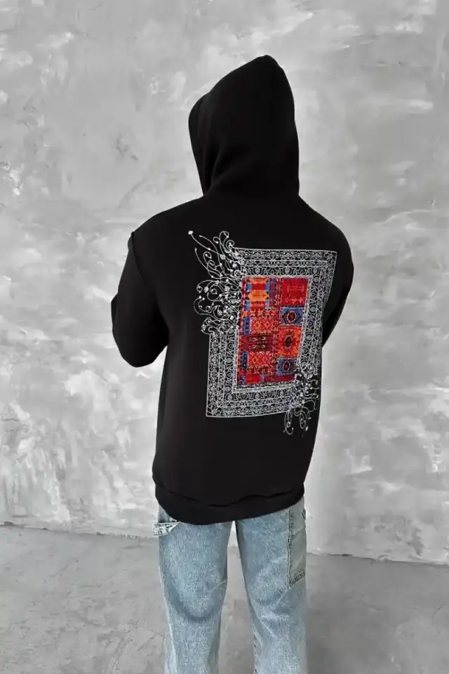 Erkek Kapüşonlu Kanguru Cepli Sweatshirt 3 İplik Pamuklu Baskılı Hoodie - Siyah