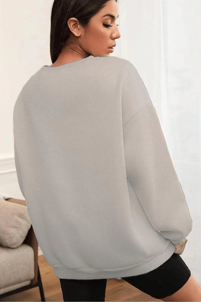 Kadın Düz Bisiklet Yaka 3 İplik Sweatshirt - Boyalı Gri
