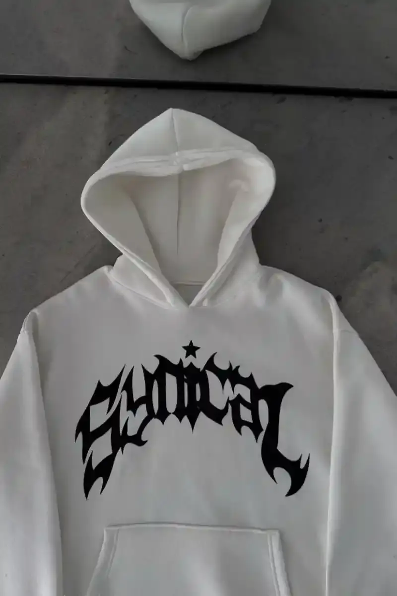 Erkek Kapüşonlu Kanguru Cepli Sweatshirt 3 İplik Pamuklu Baskılı Hoodie - Beyaz
