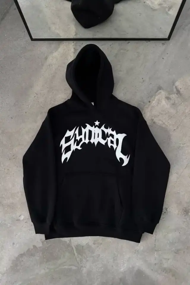 Erkek Kapüşonlu Kanguru Cepli Sweatshirt 3 İplik Pamuklu Baskılı Hoodie - Siyah