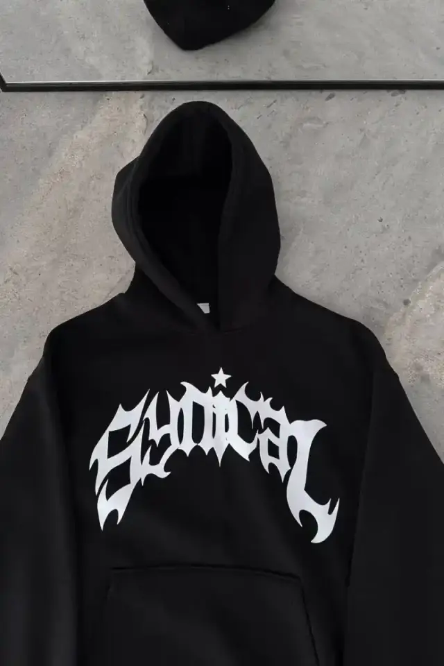 Erkek Kapüşonlu Kanguru Cepli Sweatshirt 3 İplik Pamuklu Baskılı Hoodie - Siyah