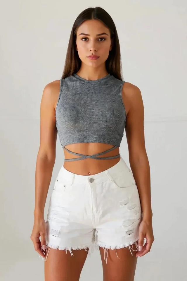 Kadın Gri Çapraz Bağlamalı Crop Top Büstiyer – Modern ve Şık Tasarım