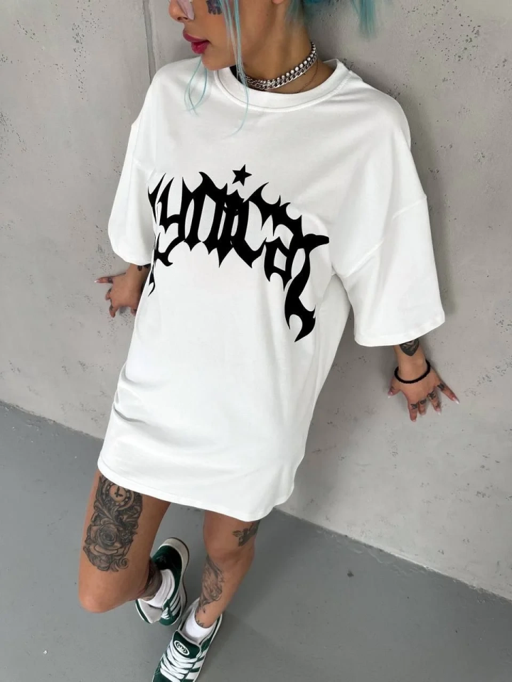 Kadın Baskıkı Bisiklet Yaka T-Shirt - Beyaz