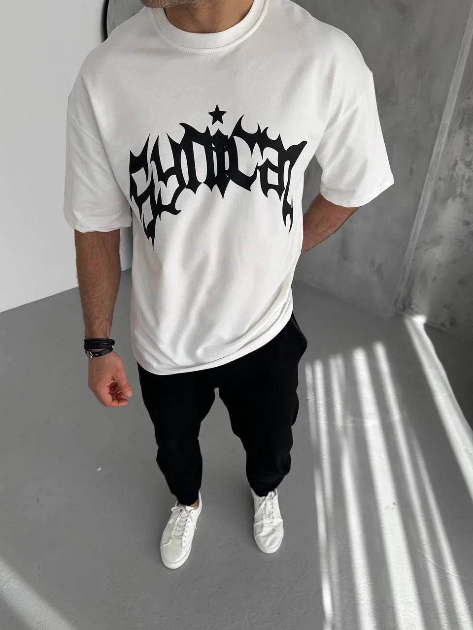 Erkek Baskılı Bisiklet Yaka T-Shirt - Beyaz