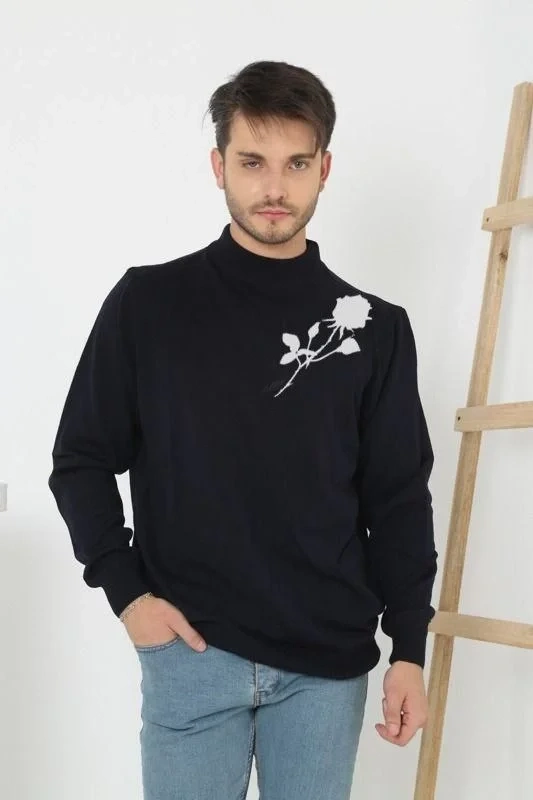 Erkek Yarım Boğazlı Kazak Baskılı Dokuma Triko - Siyah