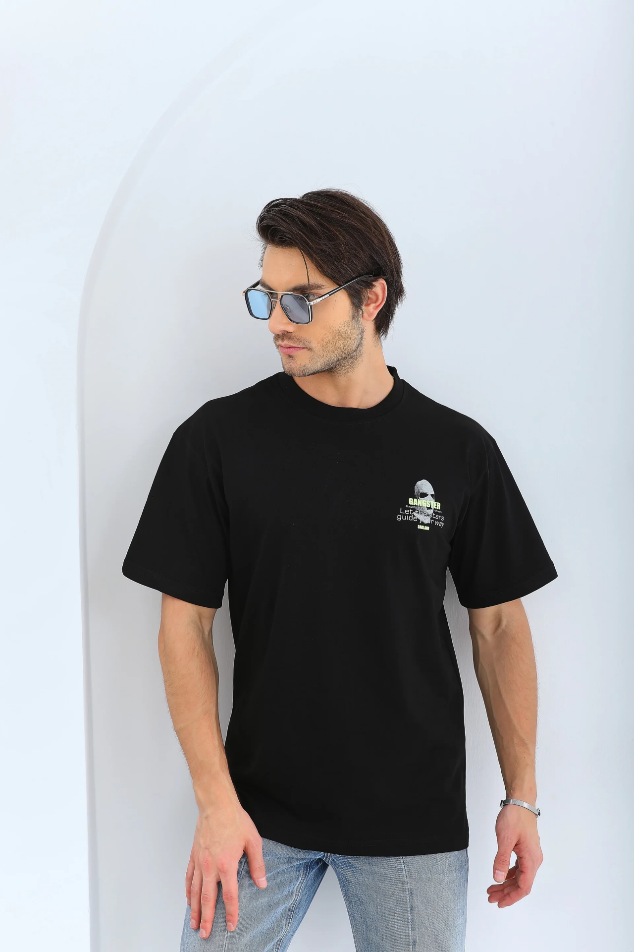 Erkek Baskılı Bisiklet Yaka Kısa kol T-Shirt - Siyah