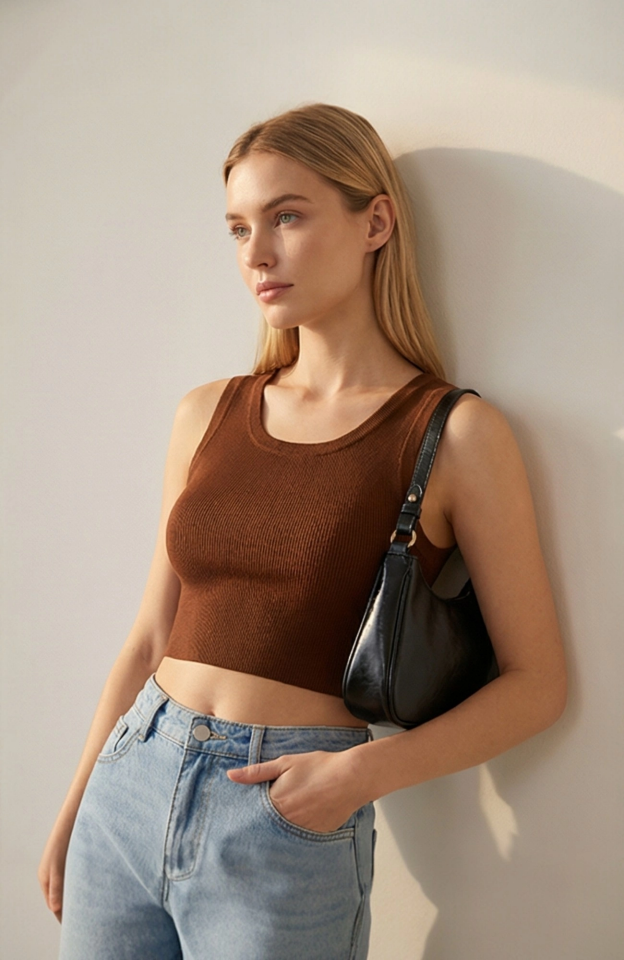 Kadın Kahverengi Kare Yaka Crop Top Bluz – Şık, Rahat ve Kolay Kombinlenebilir