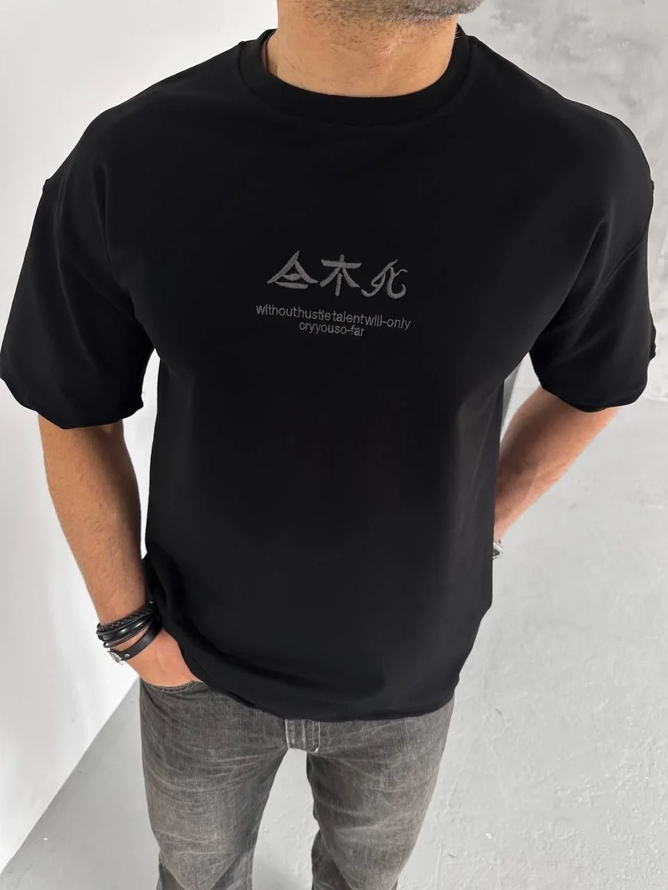 Erkek Baskılı Bisiklet Yaka T-Shirt - Siyah