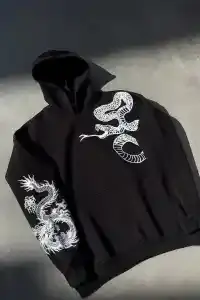 Erkek 3 İplik Pamuklu Kapüşonlu Baskılı Cepli Oversize Sweatshirt Hoodie - Siyah