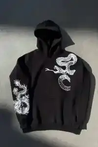 Erkek 3 İplik Pamuklu Kapüşonlu Baskılı Cepli Oversize Sweatshirt Hoodie - Siyah