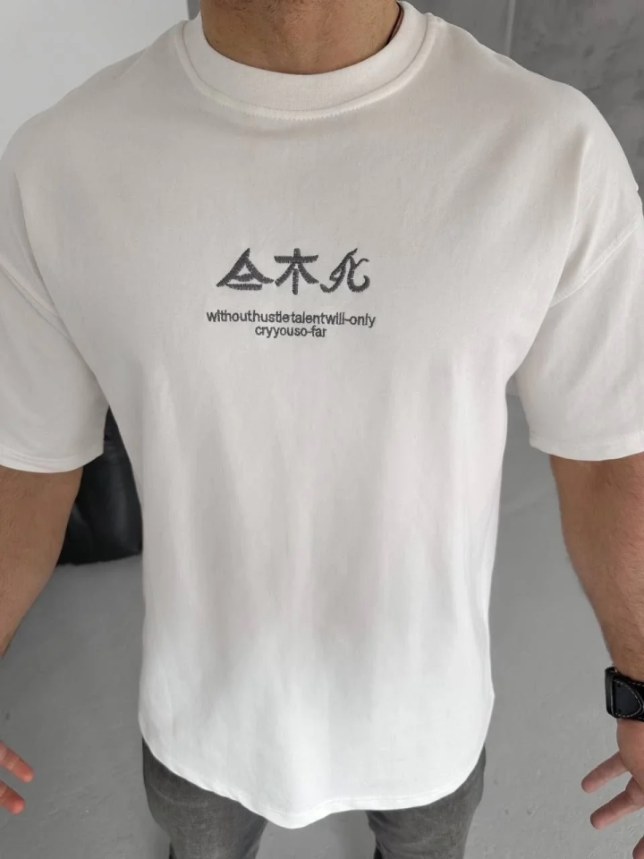 Erkek Bisiklet yaka Baskılı T-Shirt - Beyaz