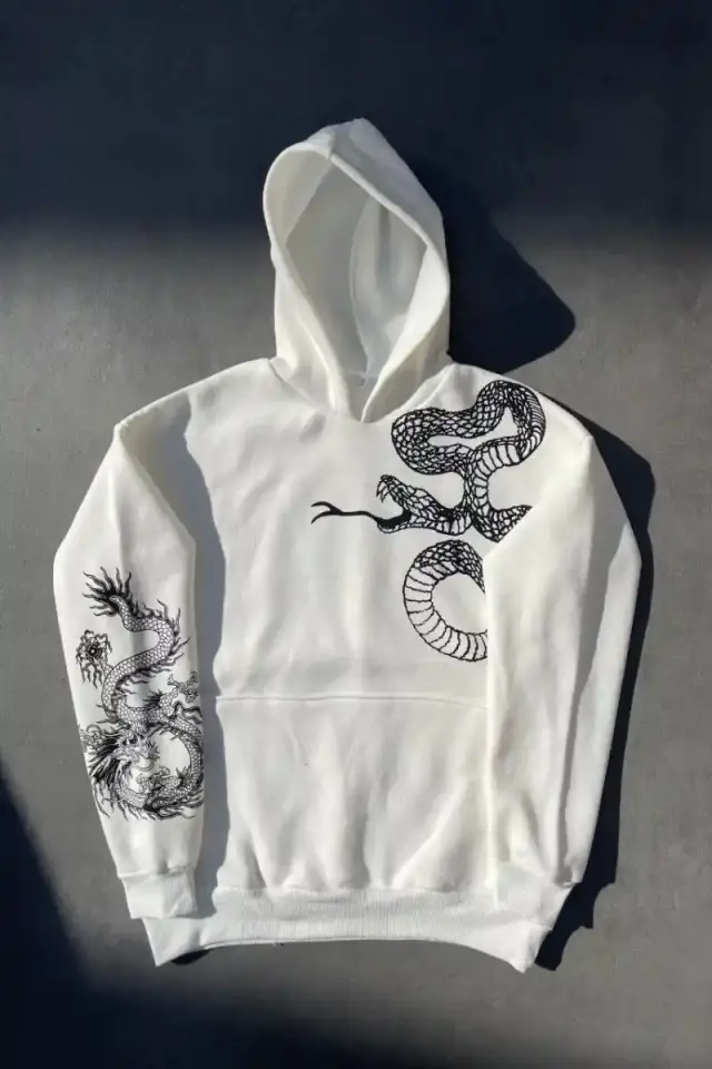 Erkek 3 İplik Pamuklu Kapüşonlu Baskılı Cepli Oversize Sweatshirt Hoodie - Beyaz