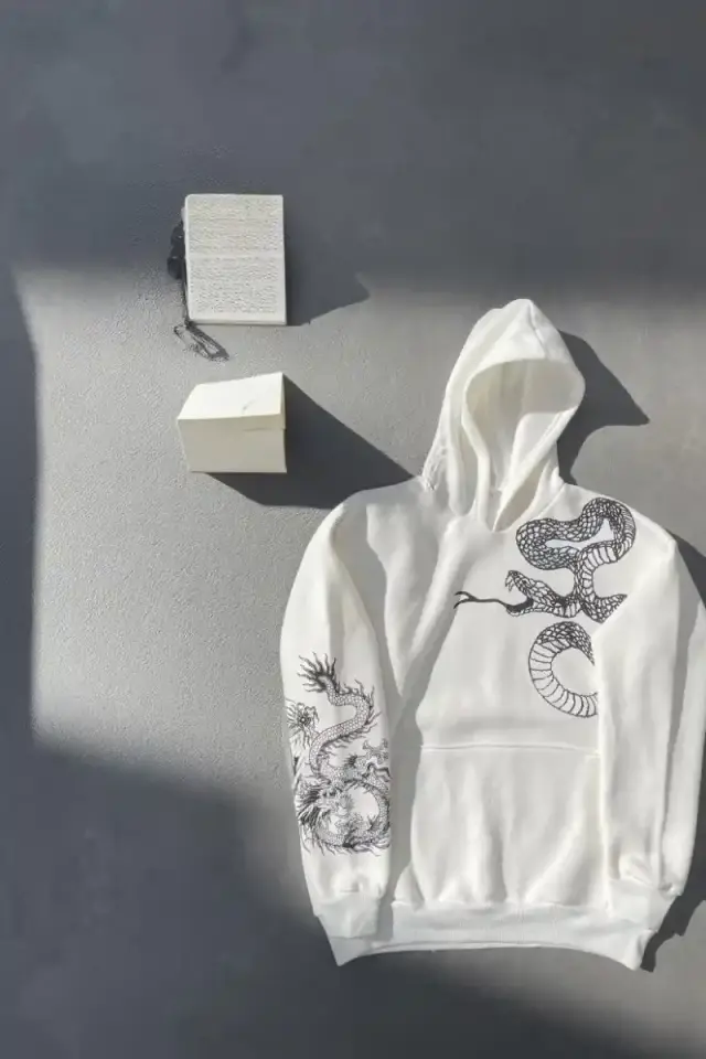 Erkek 3 İplik Pamuklu Kapüşonlu Baskılı Cepli Oversize Sweatshirt Hoodie - Beyaz