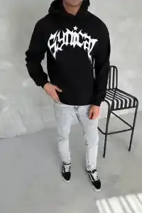 Erkek 3 İplik Pamuklu Kapüşonlu Baskılı Cepli Oversize Sweatshirt Hoodie - Siyah