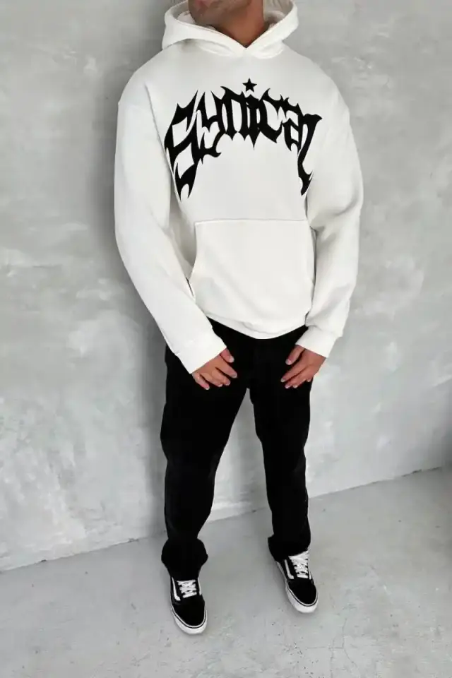 Erkek 3 İplik Pamuklu Kapüşonlu Baskılı Cepli Oversize Sweatshirt Hoodie - Beyaz