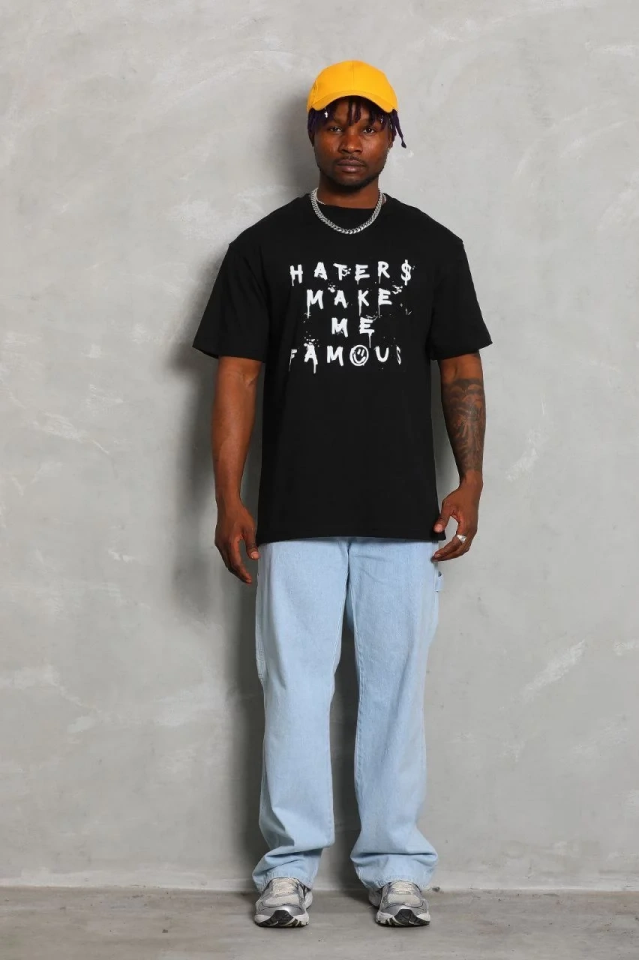 Erkek kısa kol Baskılı Bisiklet Yaka T-Shirt - Siyah