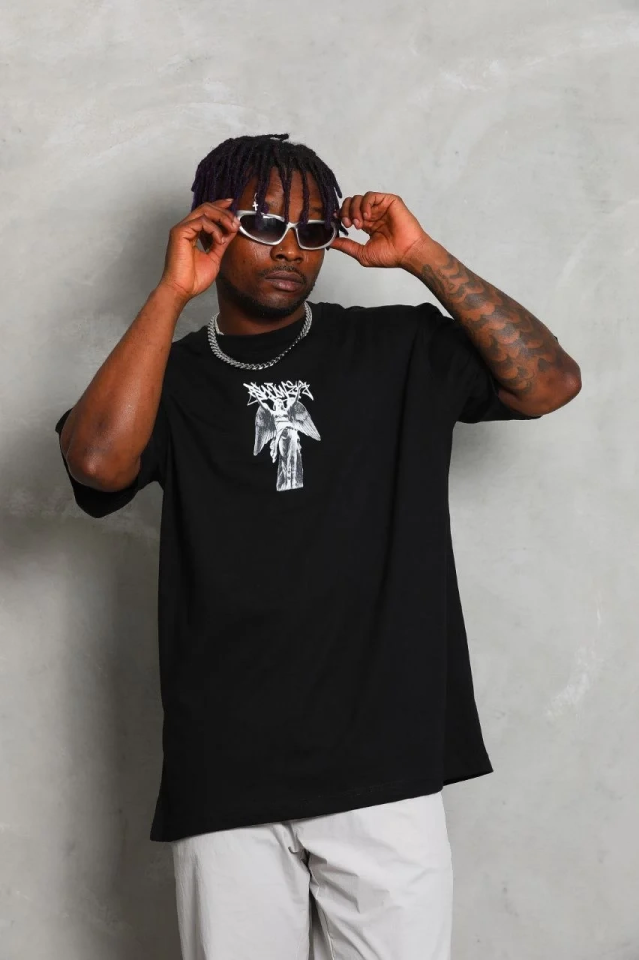 Erkek Kısa kol  Baskılı Bisiklet Yaka T-Shirt - Siyah