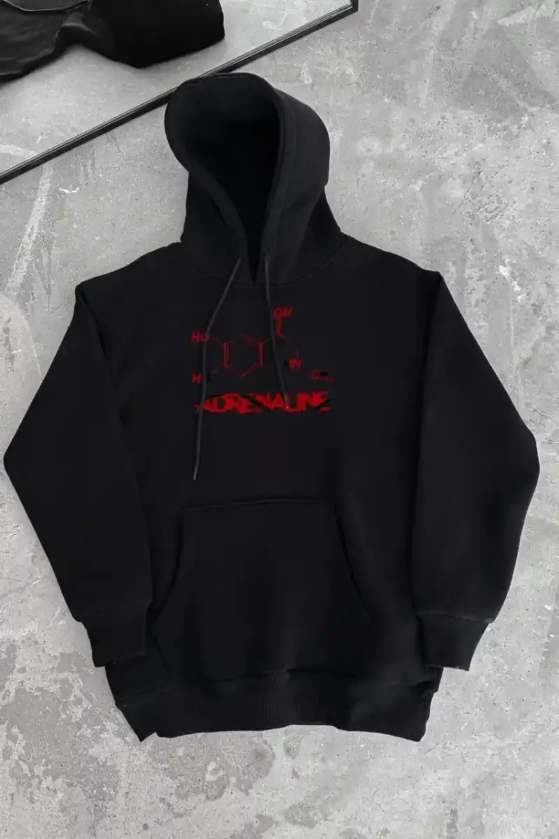 Kadın Oversize Kapüşonlu Cepli Baskılı 3 İplik Pamuklu Hoodie Sweatshirt - Siyah