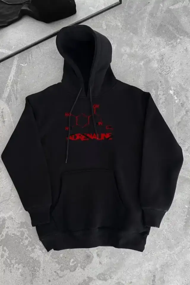 Kadın Oversize Kapüşonlu Cepli Baskılı 3 İplik Pamuklu Hoodie Sweatshirt - Siyah