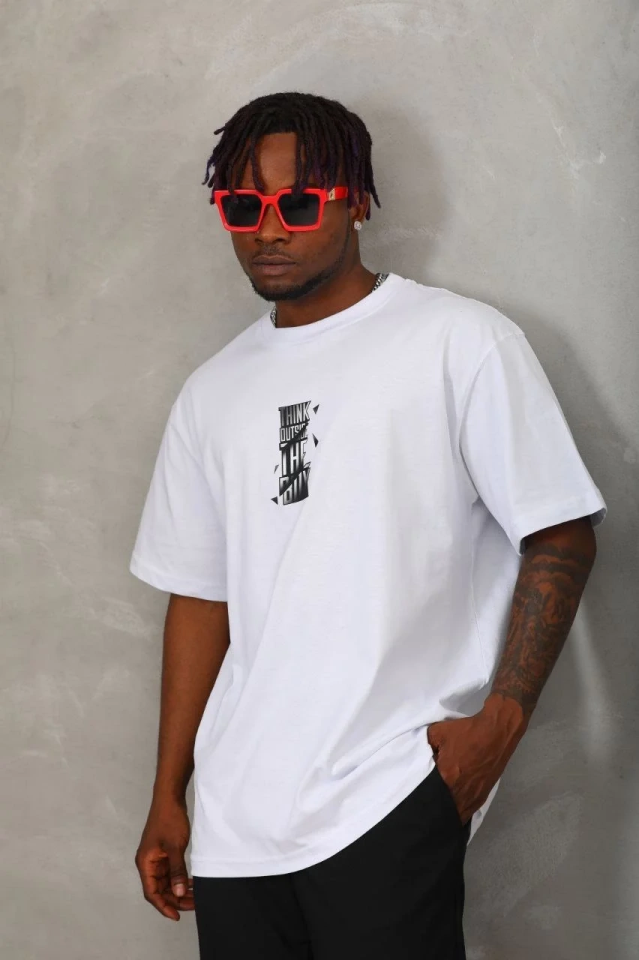 Erkek kısa kol Baskılı Bisiklet Yaka T-Shirt - Beyaz