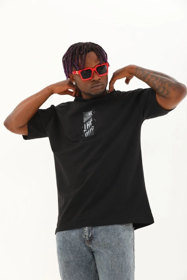 Erkek Kısa kol Baskılı Bisiklet Yaka T-Shirt - Siyah