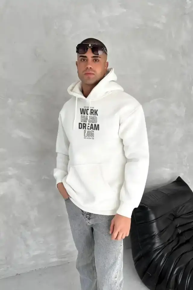 Erkek Kapüşonlu Kanguru Cepli Sweatshirt 3 İplik Pamuklu Baskılı Hoodie - Beyaz