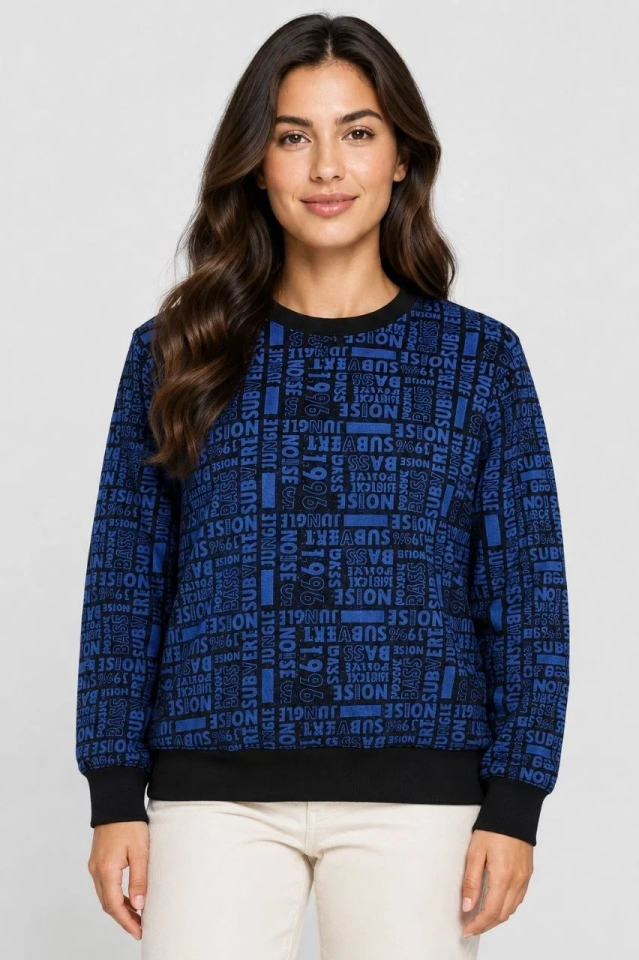 Kadın Siyah Mavi Yazı Desenli İki İplik Şardonlu Sweatshirt