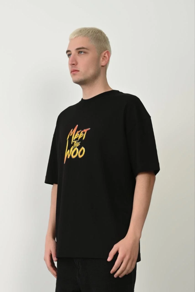 Erkek Baskıkı Kısa kok Bisiklet Yaka  T-Shirt - Siyah