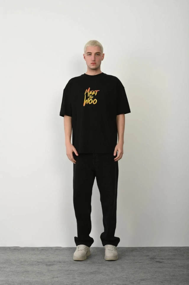 Erkek Baskıkı Kısa kok Bisiklet Yaka  T-Shirt - Siyah