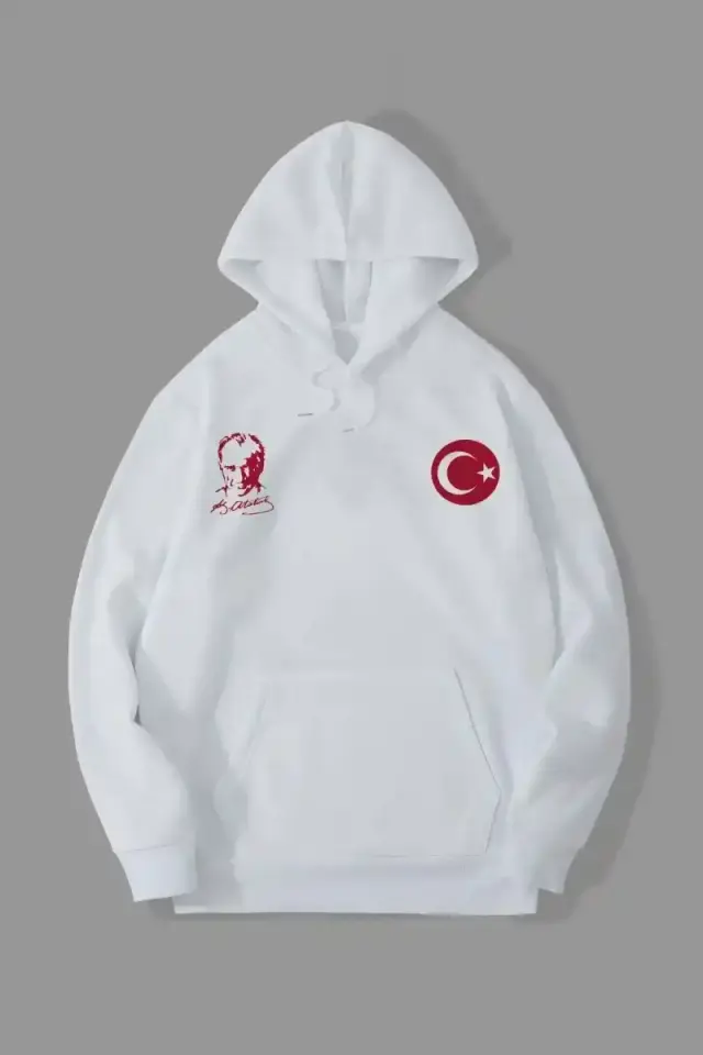 Erkek 10 Kasıma Özel 3 İplik Kapüşonlu Baskılı SweatShirt Hoodie - Beyaz
