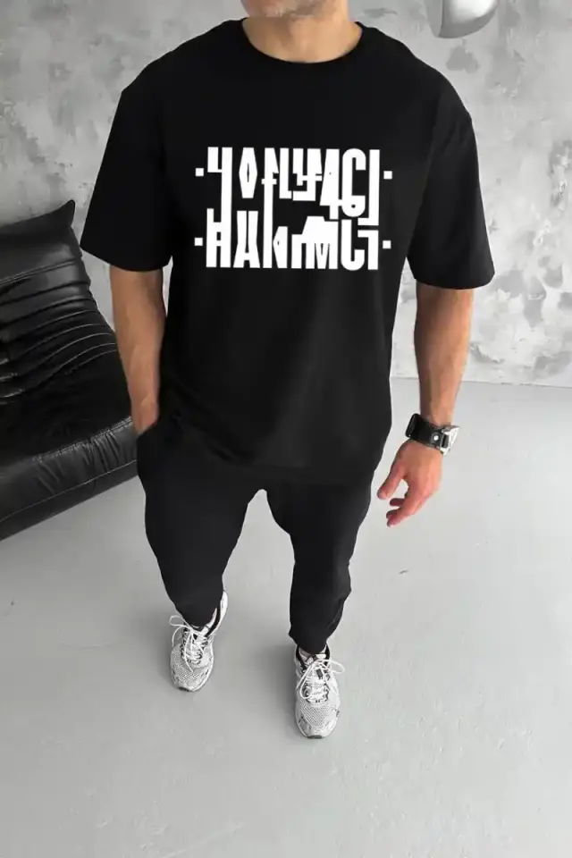 Erkek Tişört Kısa Kol Bisiklet Yaka Katlanan HANIMCI Baskılı T-Shirt - Siyah