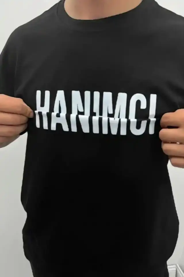 Erkek Tişört Kısa Kol Bisiklet Yaka Katlanan HANIMCI Baskılı T-Shirt - Siyah