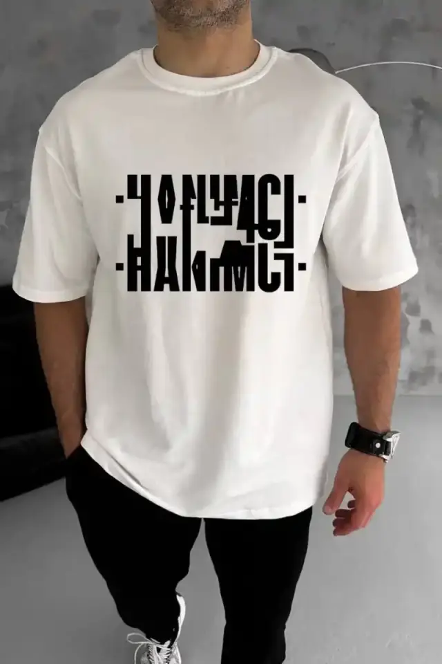 Erkek Tişört Kısa Kol Bisiklet Yaka Katlanan HANIMCI Baskılı T-Shirt - Beyaz