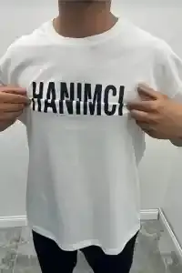 Erkek Tişört Kısa Kol Bisiklet Yaka Katlanan HANIMCI Baskılı T-Shirt - Beyaz