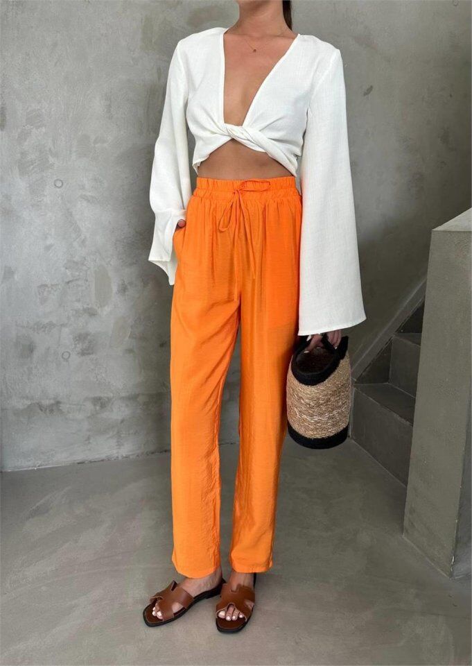 BEL LASTİK DETAYLI MODAL KUMAŞ PANTOLON - Orange
